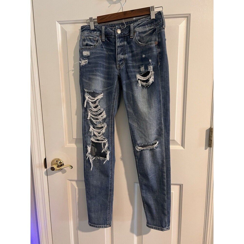 American Eagle Outfitters Women's Skinny Blue Denim Jeans Distressed Ripped